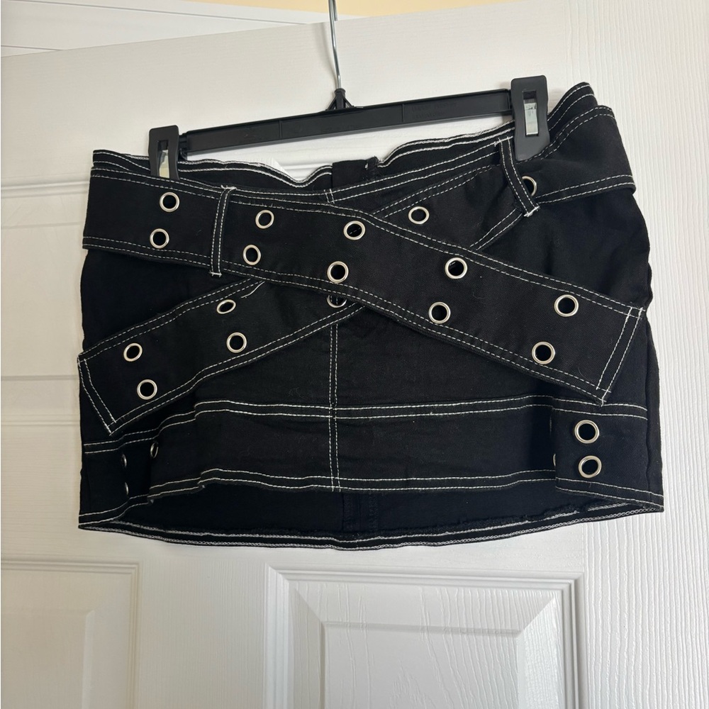 Black Mini Skirt with Contrast Stitching and Eyelet Belt